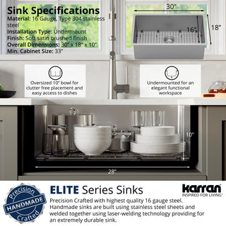 Karran 30" Undermount Large Single Bowl Stainless Steel Kitchen Sink Kit