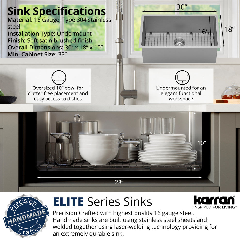 Karran 30" Undermount Large Single Bowl Stainless Steel Kitchen Sink Kit