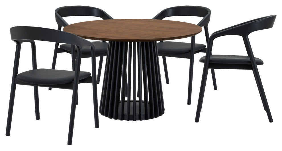 Pasadena Apache 5-Piece Round Dining Set, Walnut & Black Oak Finish Faux Leather