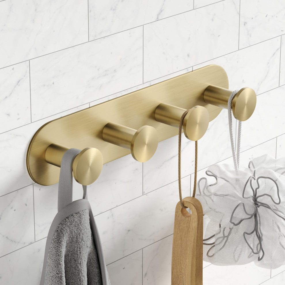 Elie Bathroom Robe and Towel 4-Hooks Rack, Brushed Gold