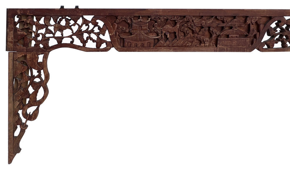 Chinese Vintage Relief Scenery Carving Arch Shape Wood Wall Art Hws3117