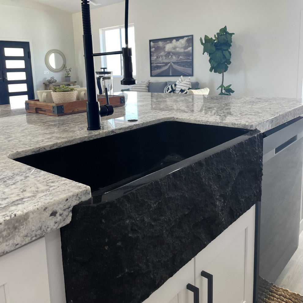 Single Bowl Kitchen Sink, Black Granite With Natural Chiseled Apron