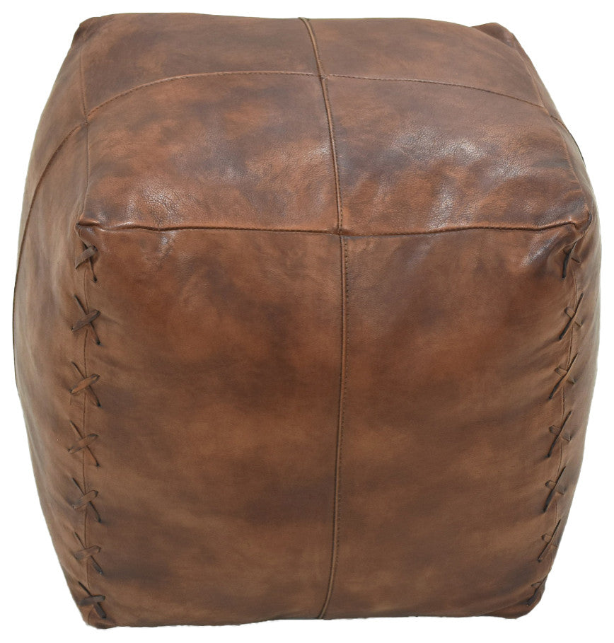 Handmade Leather Square Pouf (Recycled Foam with Fibre Fill) Antique Brown Color, 14x14x14