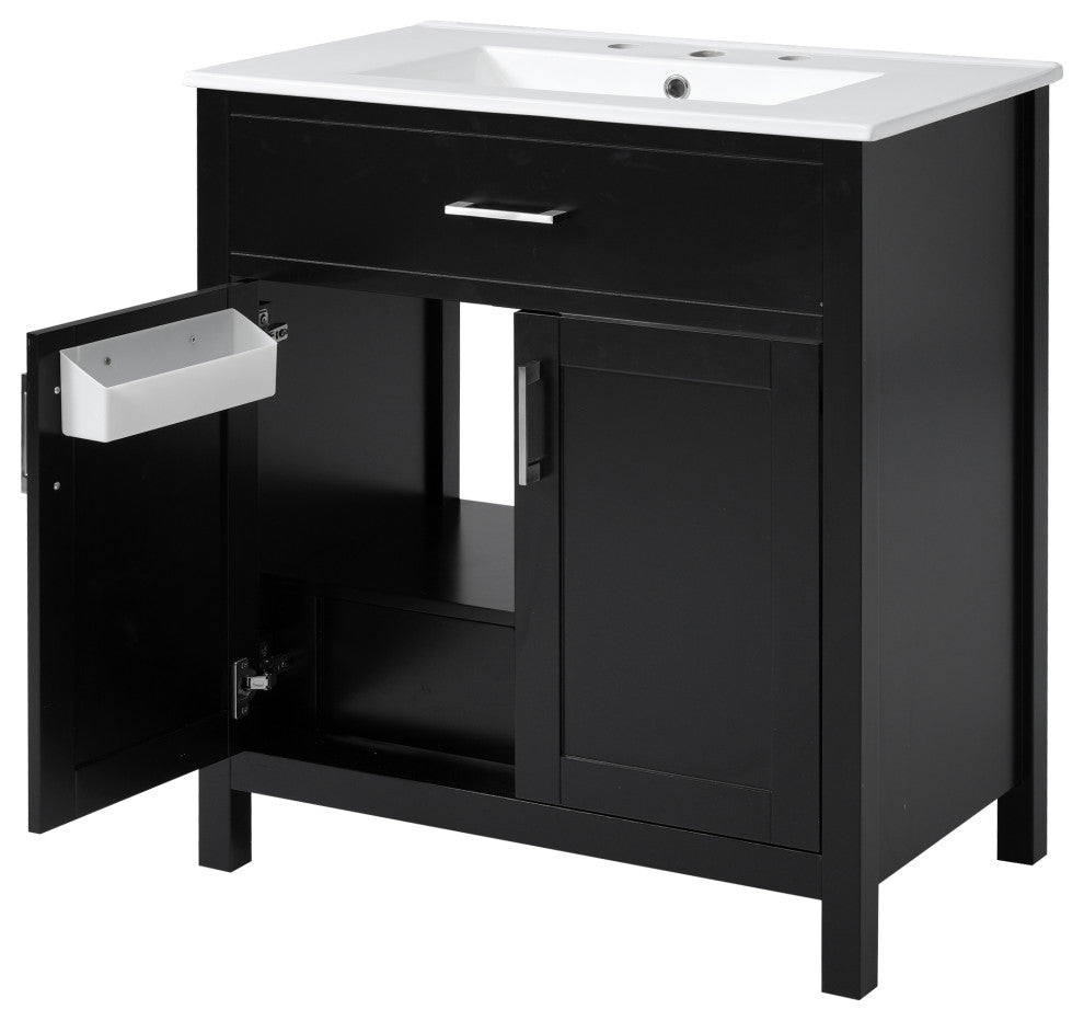 30 Inch Bathroom Vanity with Ceramic Sink and Ample Storage, Black