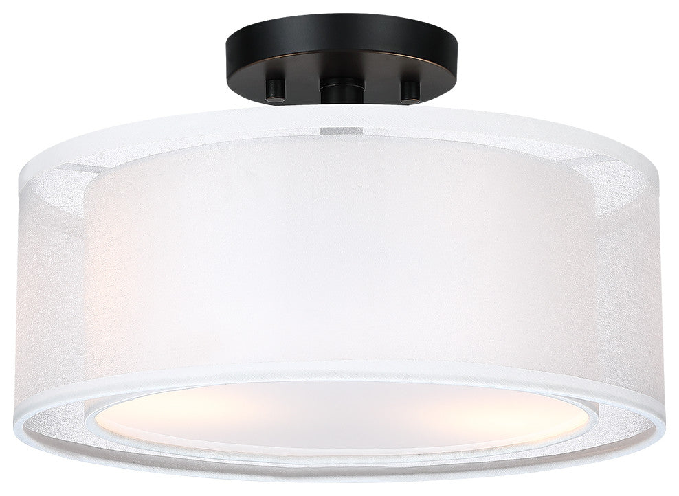 13"W 2-Light Semi-Flush Mount With White Double Drum Shade