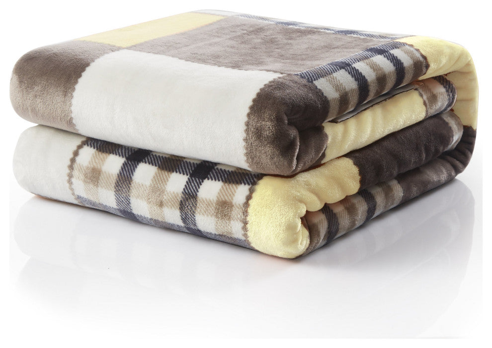 Plaid Buttermilk Yellow Brown Patchwork Plush Fleece Throw Blanket, 63"