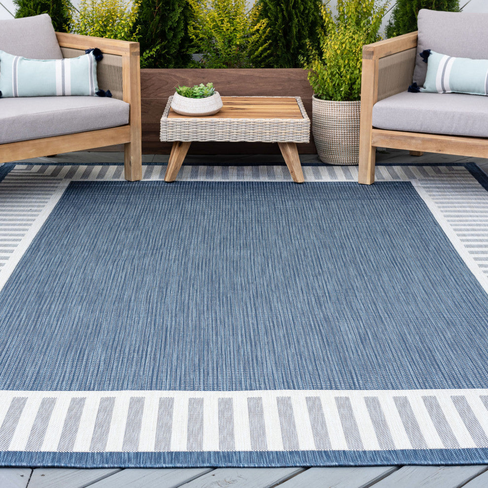 Elgin Transitional Striped Border Blue/Cream Indoor/Outdoor Area Rug, 9'x12'