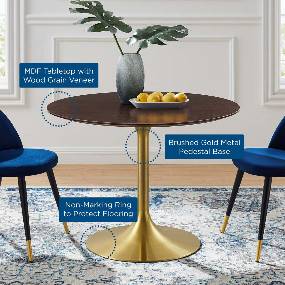 Dining Table, Round, Wood, Gold Dark Brown Brown Walnut, Cafe Bistro Restaurant