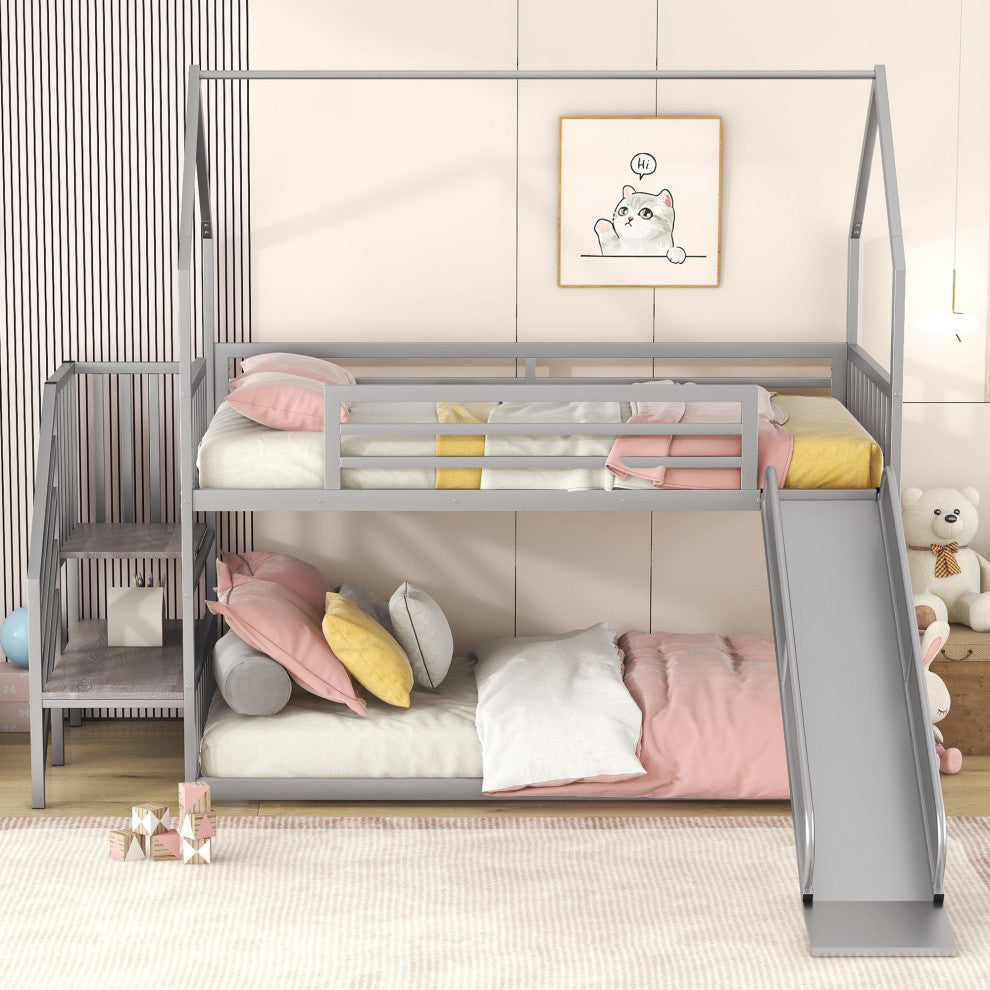 Gewnee Twin over Twin Metal Bunk Bed House Bed with Slide and Staircase