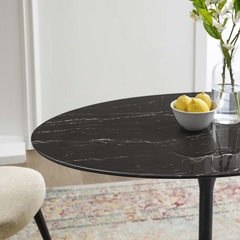 Dining Table, Oval, Artificial Marble, Metal, Black, Modern, Bistro Restaurant