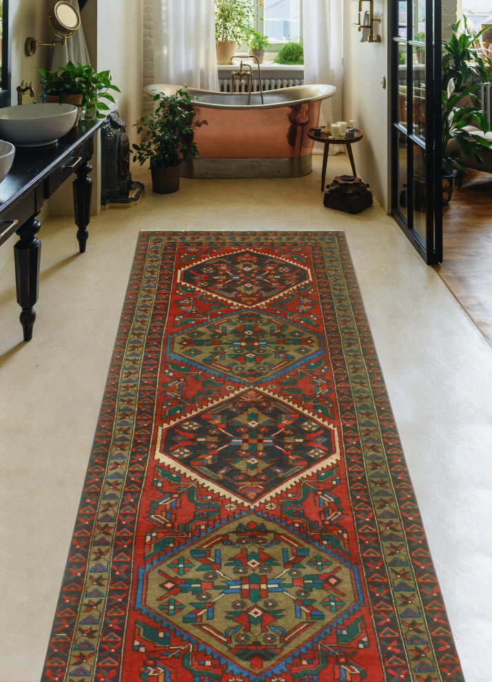 Fine Vintage Distressed Nooman Red/Navy Runner, 3'10 x 11'6