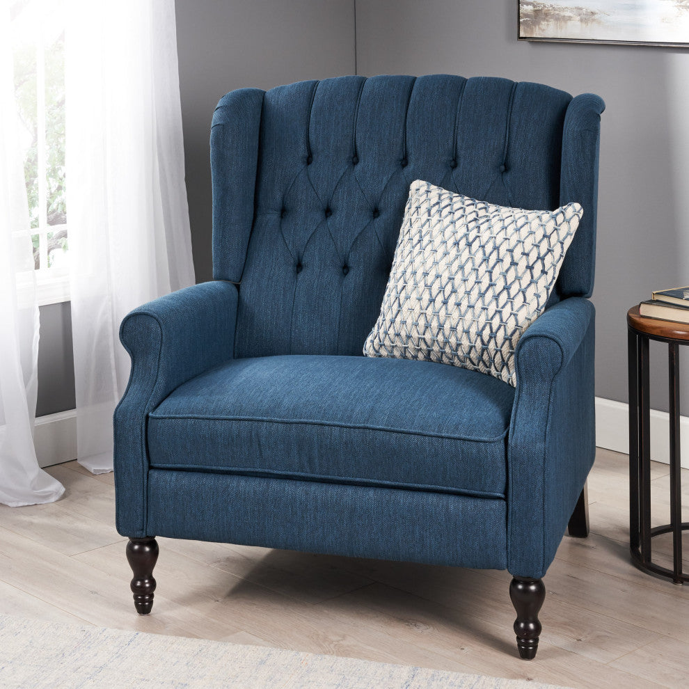 Salome Oversized Tufted Fabric Push Back Recliner, Navy Blue and Dark Brown