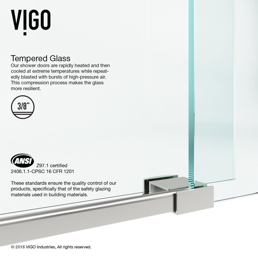 VIGO Ferrara Frameless Sliding Shower Door, Stainless Steel, 72" to 73" W X 74" H, Clear Glass