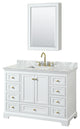48" Single Bath Vanity White, Carrara Countertop, Sink, Gold Trim, Med. Cabinet