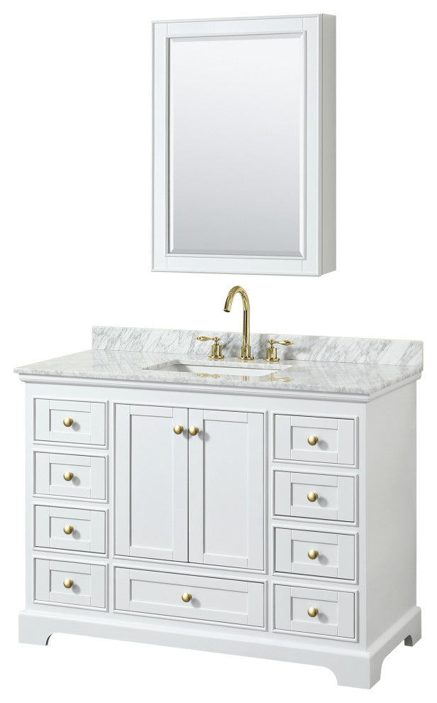 48" Single Bath Vanity White, Carrara Countertop, Sink, Gold Trim, Med. Cabinet