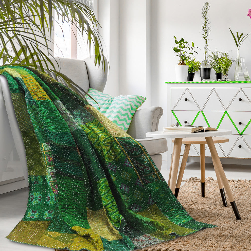 Peacock Kantha Throw Blanket