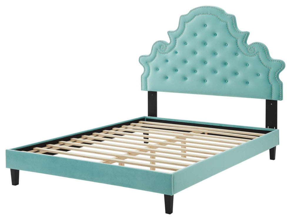 Tufted Platform Bed Frame, Queen Size, Velvet, Blue, Modern Contemporary
