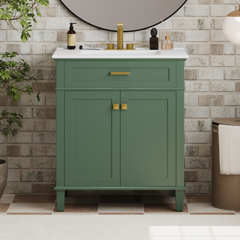 30 Inch Bathroom Vanity with Ceramic Basin, Soft-close Door, Green