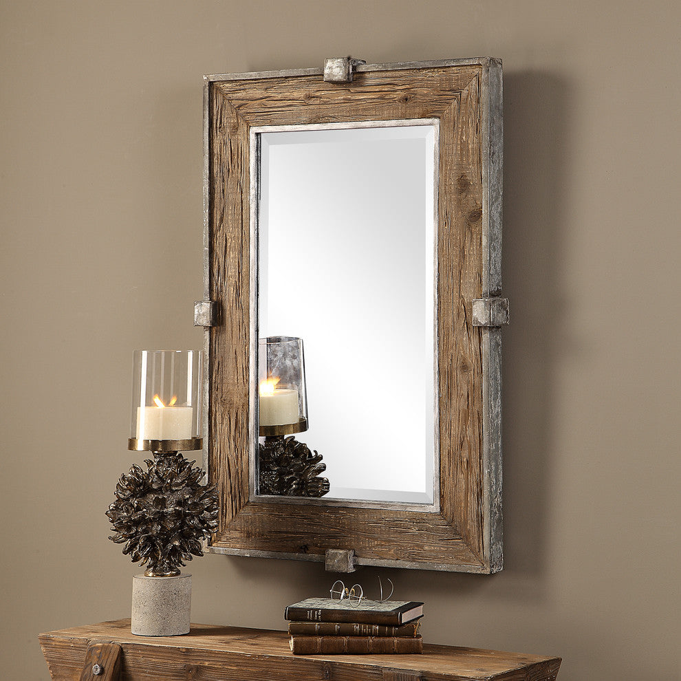 Rustic Weathered Reclaimed Wood Iron Wall Mirror, 37" Vanity Industrial Cottage