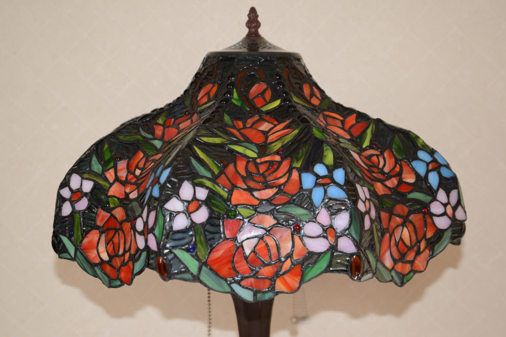 18"W Rose Flower Jeweled Stained Glass Handcrafted Table Desk Lamp, Zinc Base