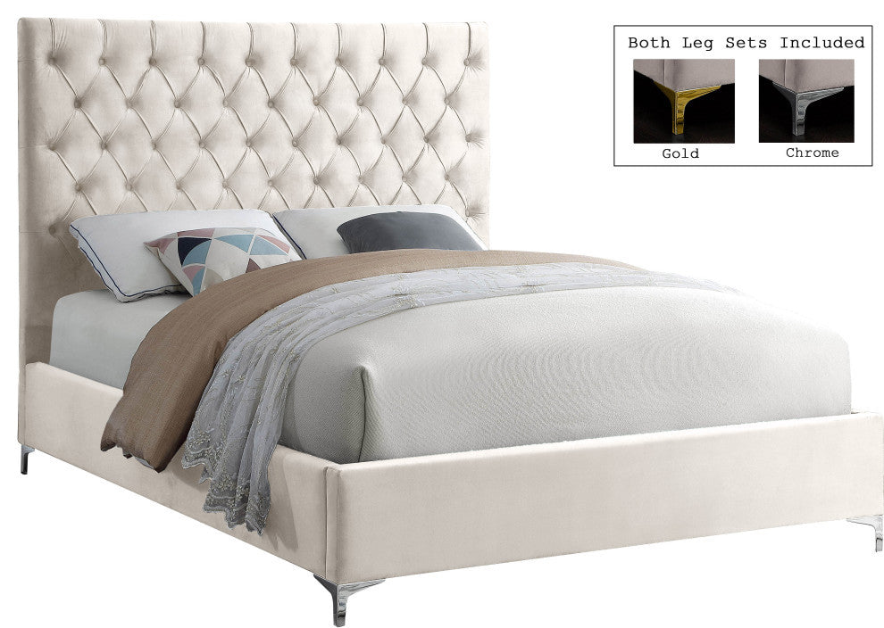 Cruz Velvet Upholstered Bed, Cream, King