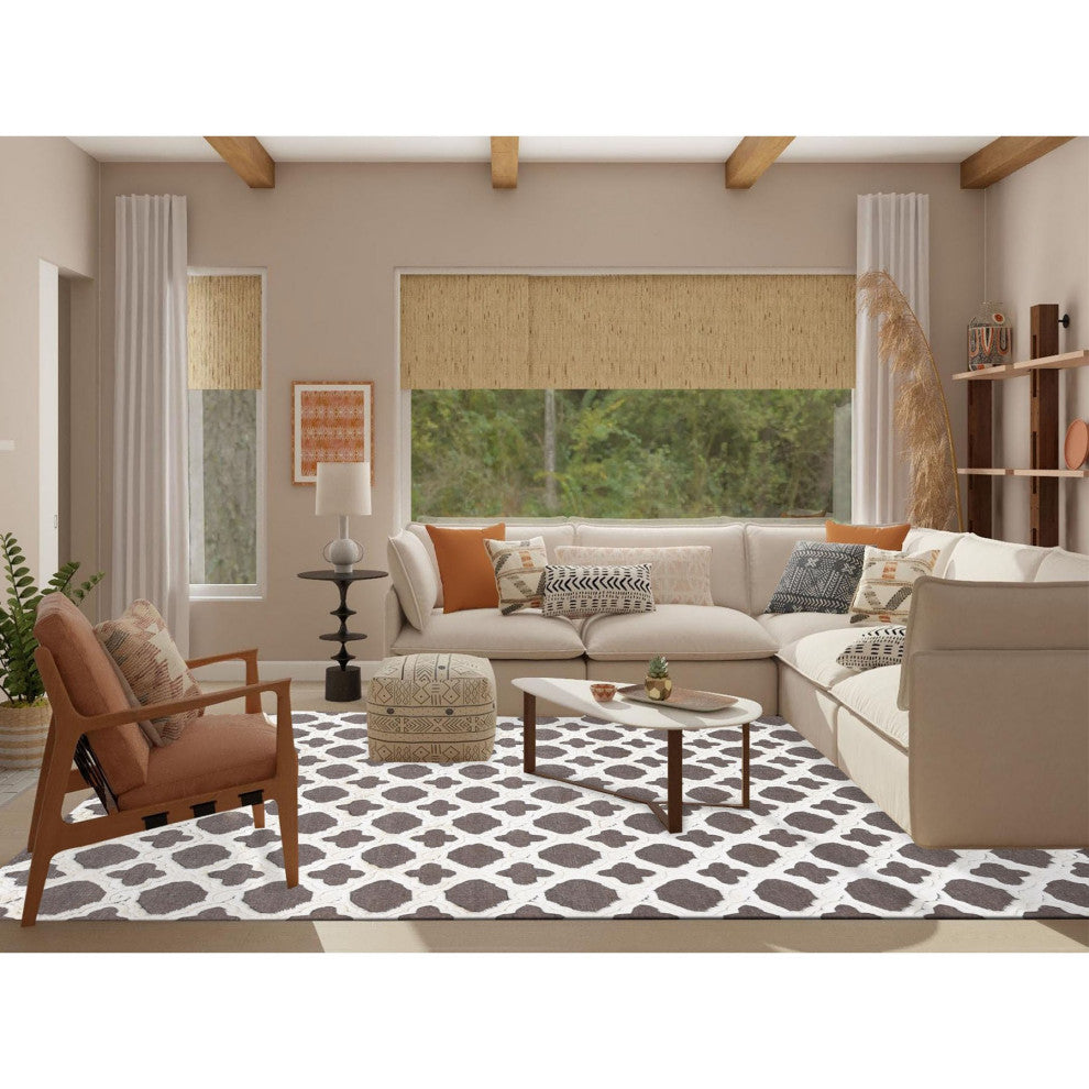 Ivory and Gray, Soft Wool, Hand Knotted, High and Lo Pile Rug, 9'3"x11'7"