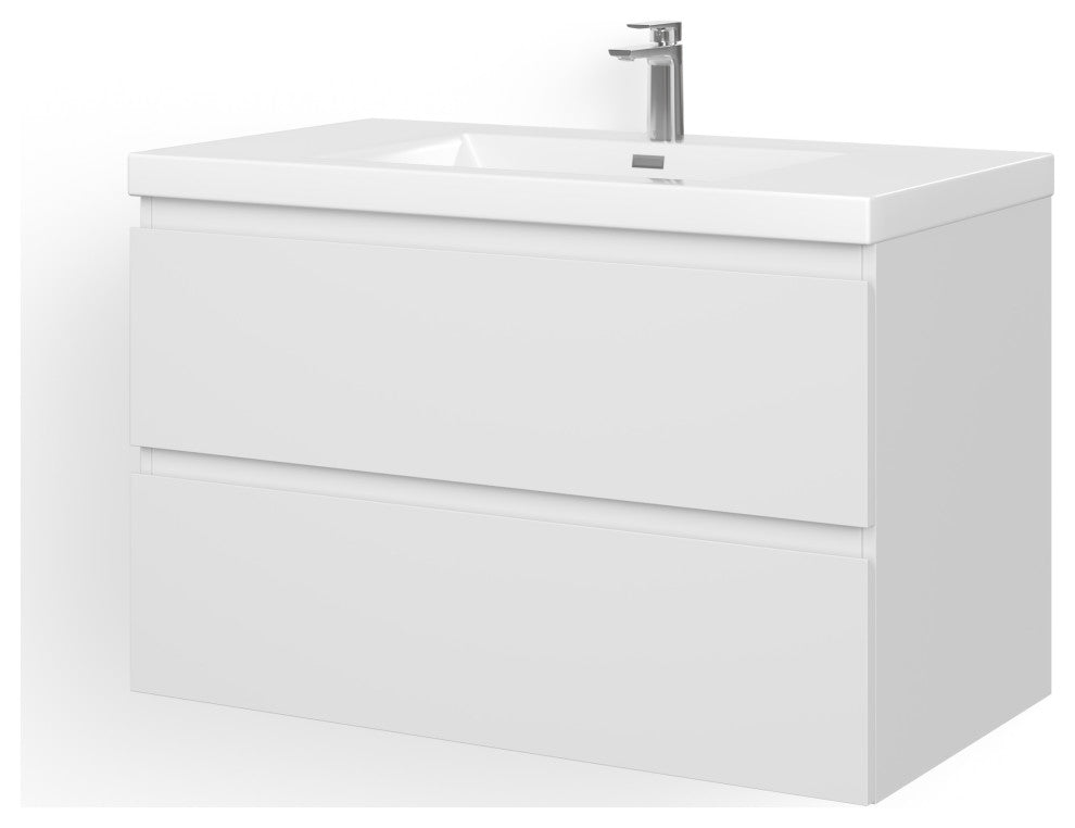 The Beacon Bathroom Vanity, Single Sink, 36", High Gloss White, Wall Mounted