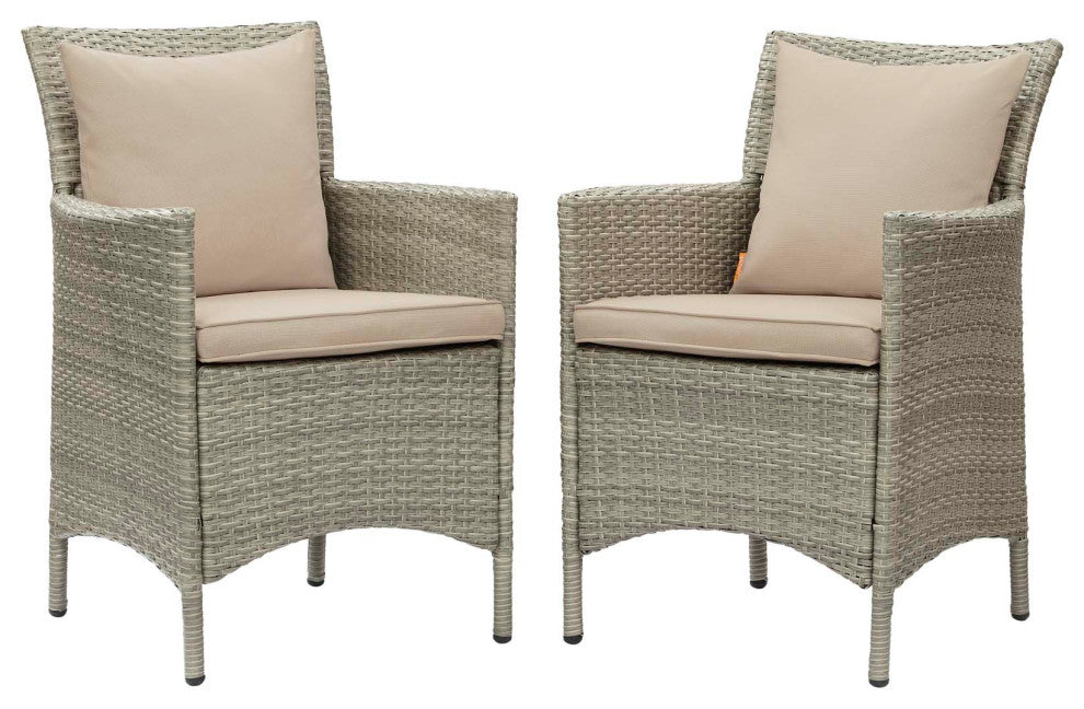Side Dining Chair Armchair, Set of 2, Rattan, Wicker, Gray Beige, Outdoor