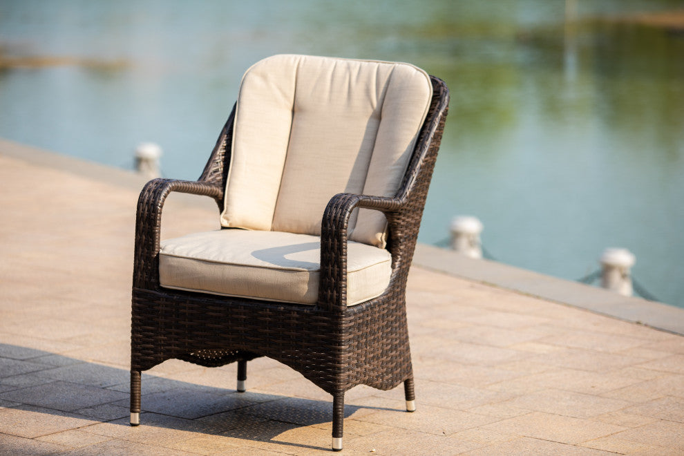 Liberatore Brown Wicker Dining Chairs With Beige Cushions, Set of 2