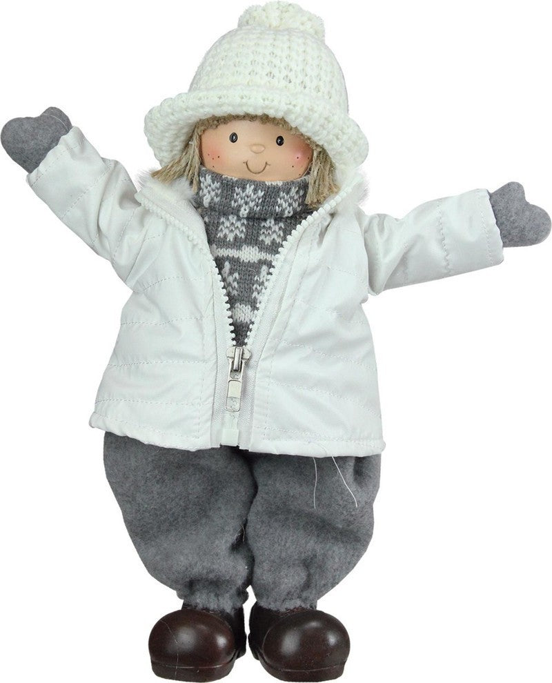 12" White and Gray Joyful Standing Boy Christmas Tabletop Decoration