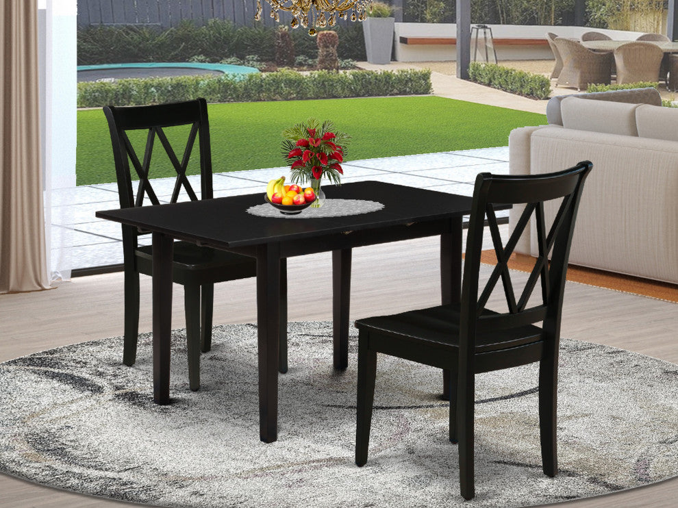 3Pc Dinette Set 2 Dining Chairs, Butterfly Leaf Dining Table, Black