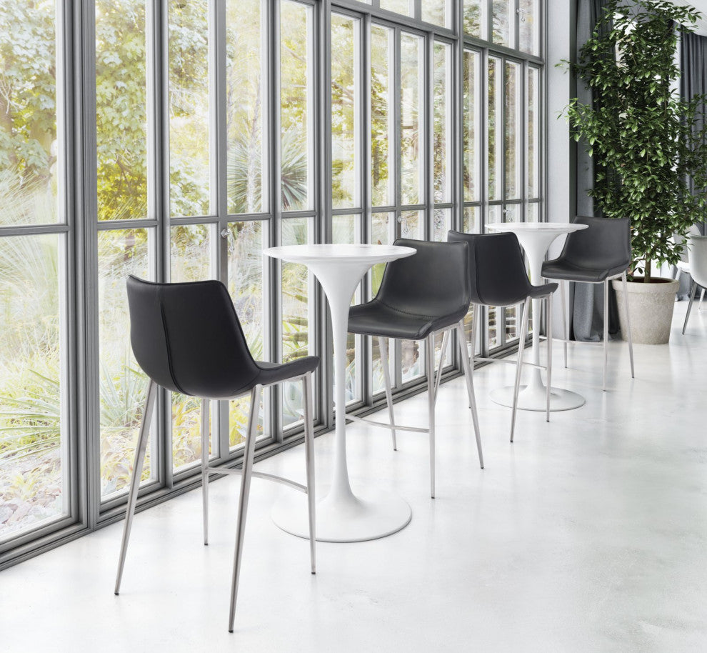 Bar Stool Chair Barstool, Set of 2, Faux Vinyl Leather, Steel, Black, Silver