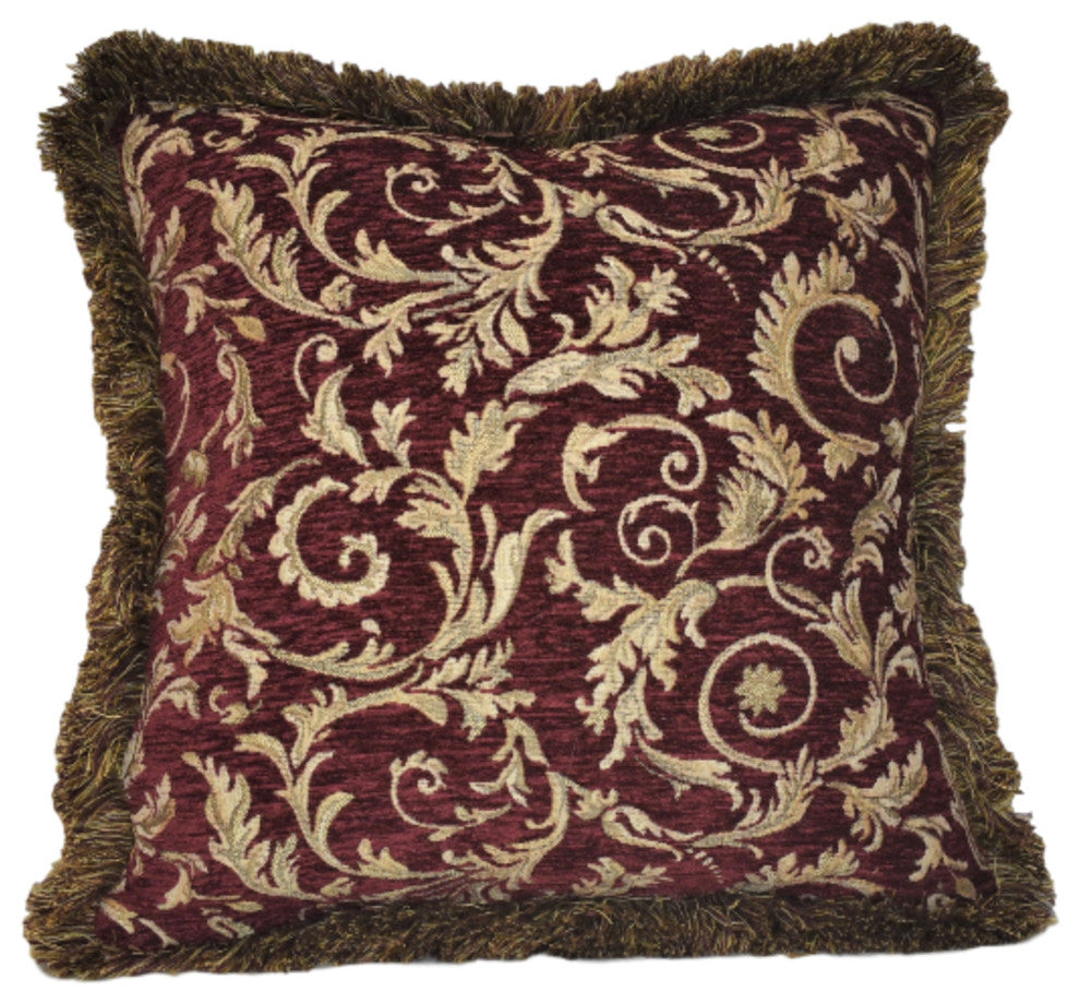 Burgundy and Gold Leaf Floral Chenille Pillow With Fringe, 23"x23"