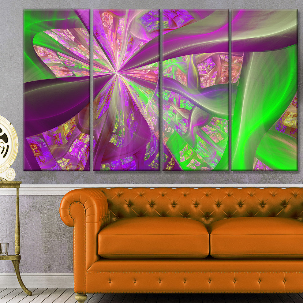 Pink Green Fractal Curves, Abstract Canvas Art Print, 48"x28", 4 Panels