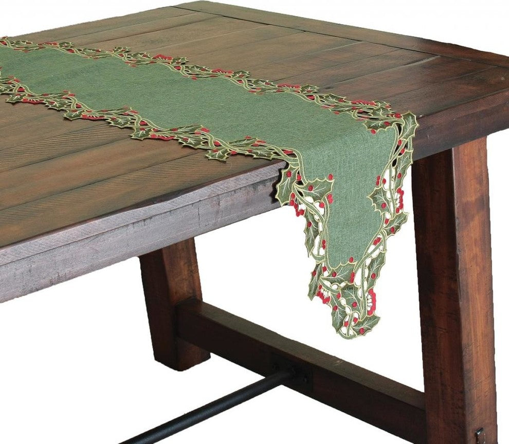 Holiday Holly Embroidered Cutwork Table Runner, Green, 15x72