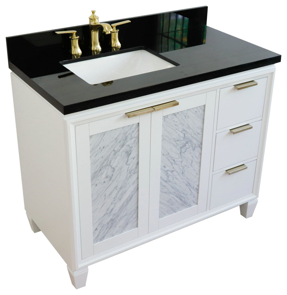 43" Single Vanity, White Finish With Black Galaxy