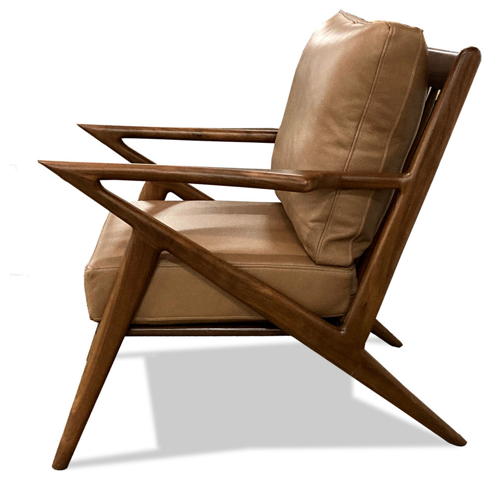Nativa Interiors Biscayne Mid-Century Modern Geniune Leather Chair, Caramel