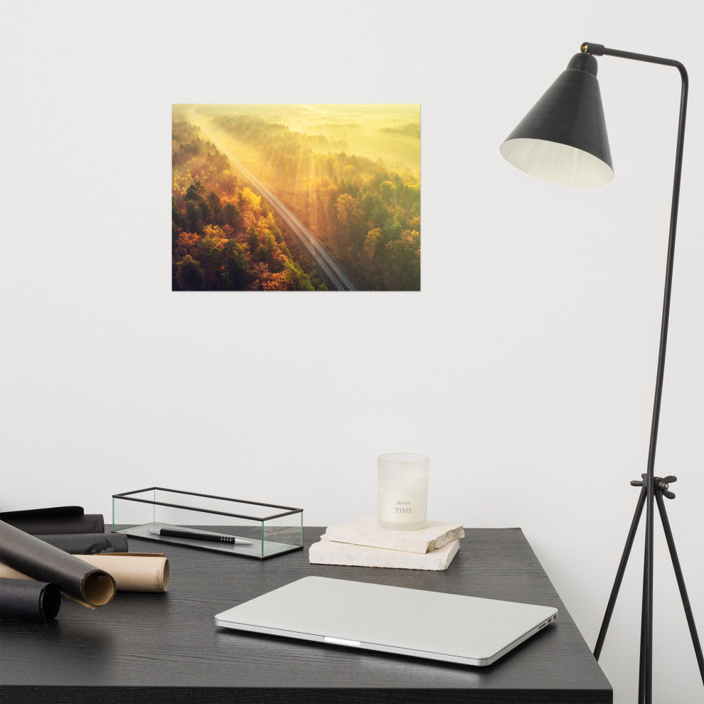 Sunrise Railroad Though Misty Forest Landscape Photo Loose Wall Art Prints, 12" X 16"