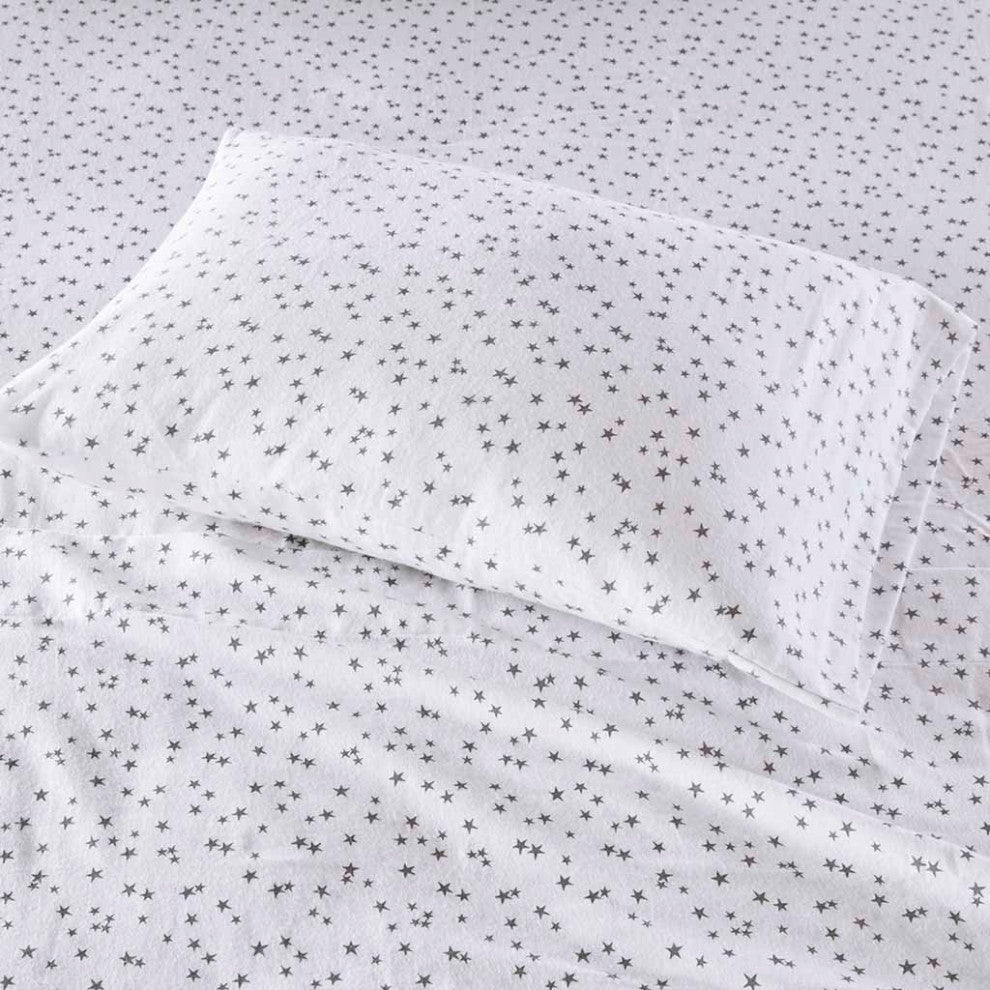 Intelligent Design Cozy Soft Cotton Flannel Printed Sheet Set, Grey Stars