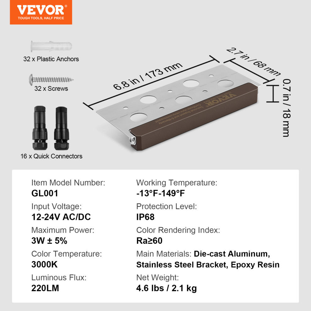 VEVOR 8-Pack 6.8" LED Hardscape Lighting Retaining Wall Step Paver Lights 3W