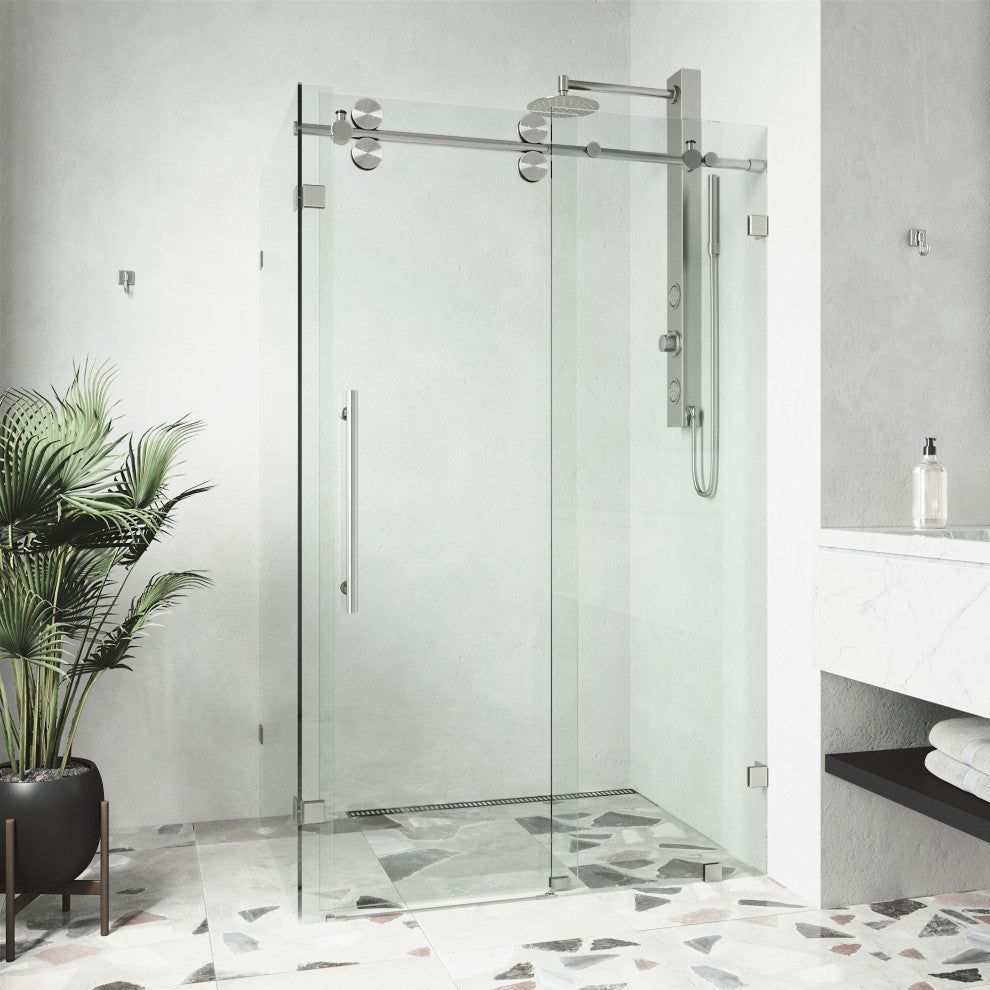 VIGO Winslow Frameless Sliding Shower Enclosure, Stainless Steel, 35" D X 46" W X 74" H, Without Base