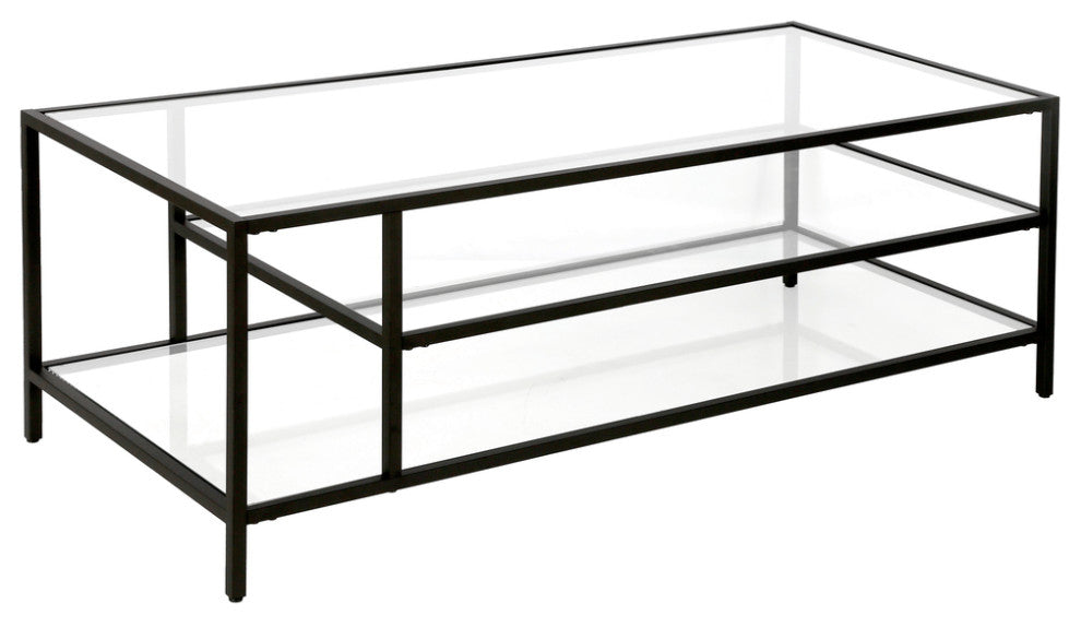 46" Black Glass And Steel Coffee Table With Two Shelves