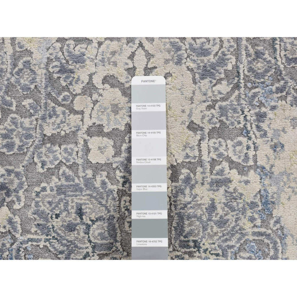Battleship Gray Broken and Erased Pure Silk Hand Knotted Runner Rug 2'5"x10'