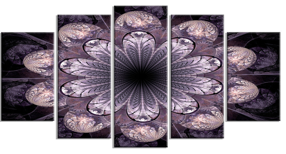 Dark Pink Fractal Flower Pattern, Abstract Canvas Art Print, 60"x32", 5 Panels