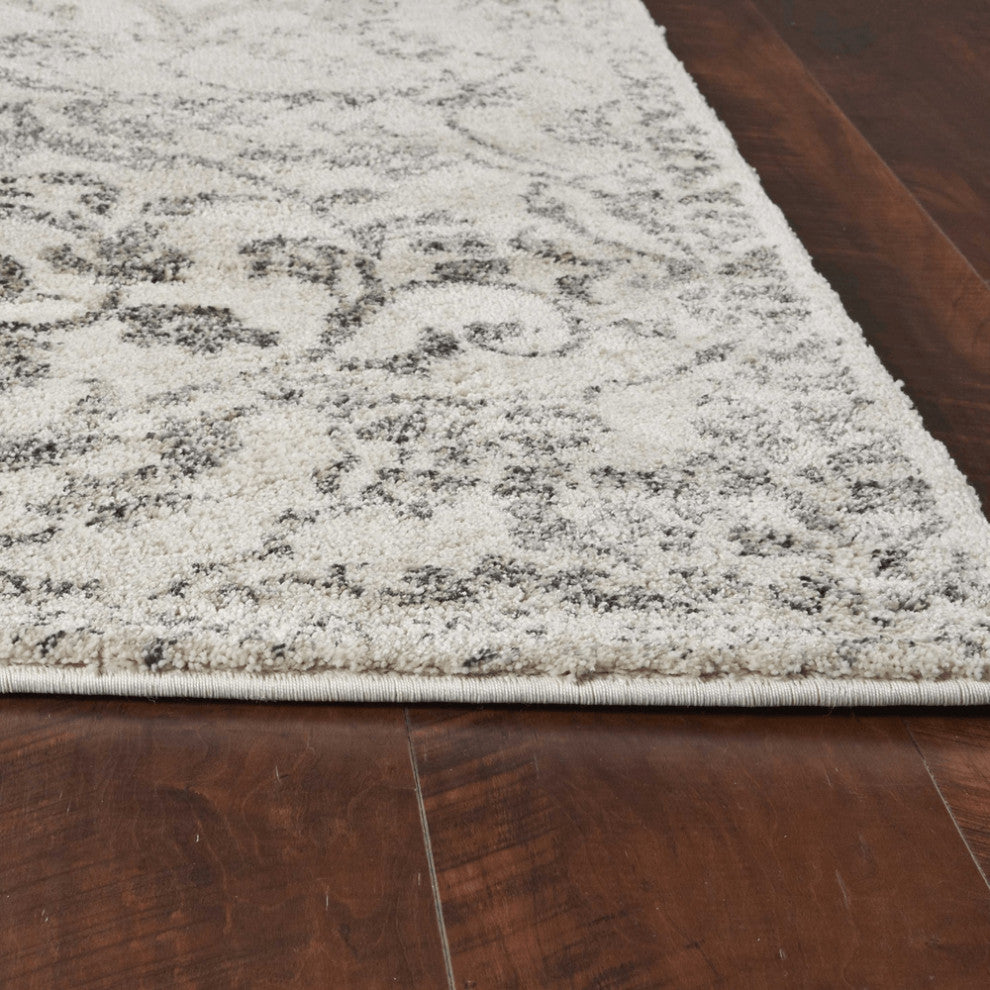 8' X 10' Ivory and Gray Floral Vines Distressed Area Rug
