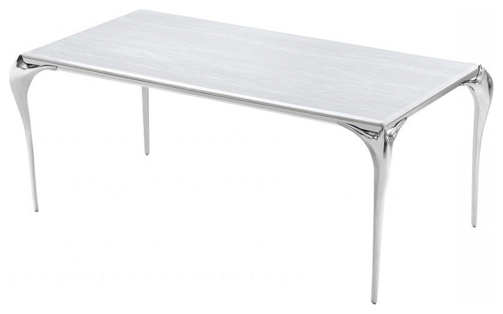 Faux White Marble Dining Table, Rectangular 79" Table, Glam Luxe Stainless Steel