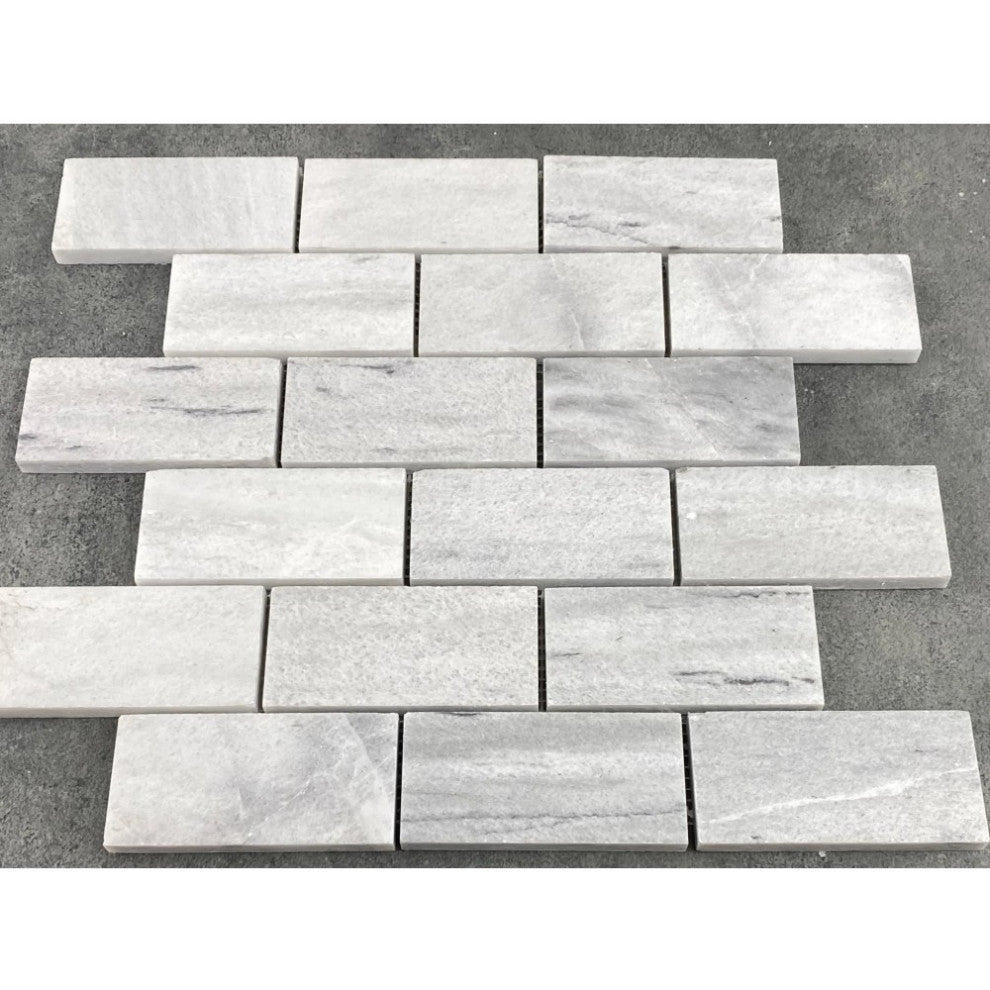 Solto White Marble 2"x4" Brick Honed on 12" x 12" Mesh Mosaic Tile (10 sqft per