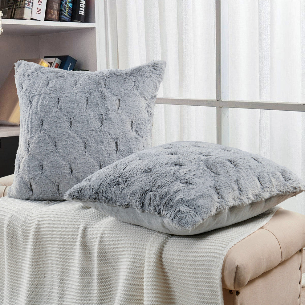 Jacquard Rabbit Faux Fur Pillow Cover 2 Piece Set, Silver Grey, 20" X 20"