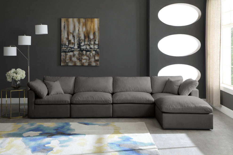 Plush Velvet / Down Standard Comfort L-Shaped Modular Sectional, Gray, 5-Piece: 2 Armless Chair, 2 Corner Chair, 1 Ottoman