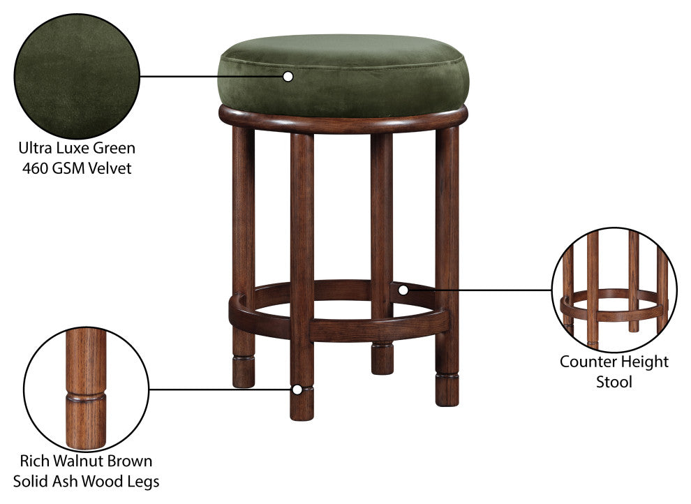 Monette Upholstered Bar and Counter Stool, Green, Velvet, Brown Finish